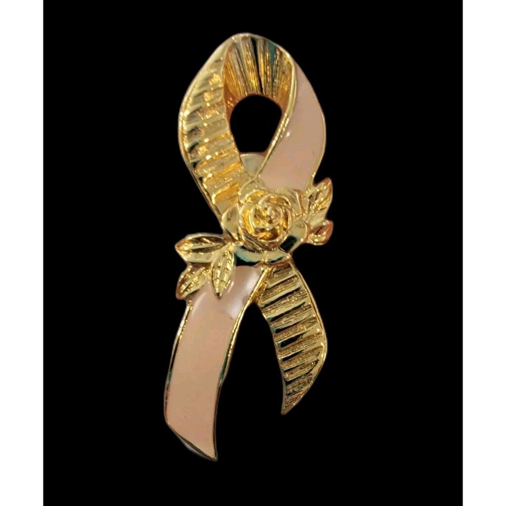 Avon Pink Enamel Breast Cancer Awareness Pin Gold Tone Rose